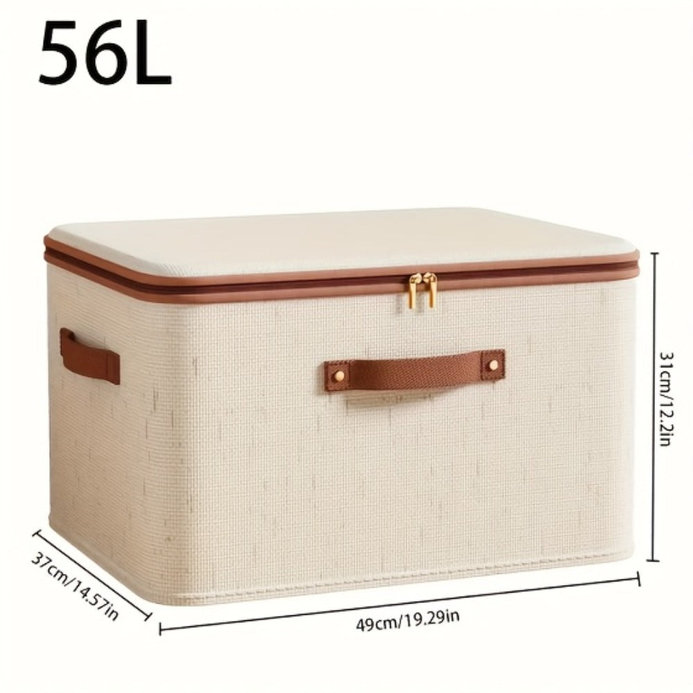 Foldable Storage Boxes with Lids 2-Pack, Large Linen Storage Baskets with Double Zippers & Leather Handles