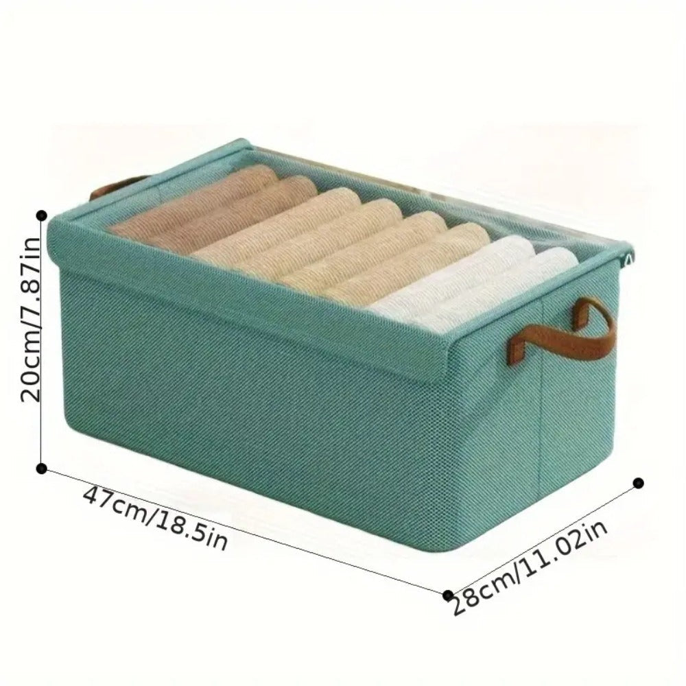 Six-Pack Foldable Fabric Storage Boxes with Clear Lids, Handles and Green, Beige or Gray Color Options