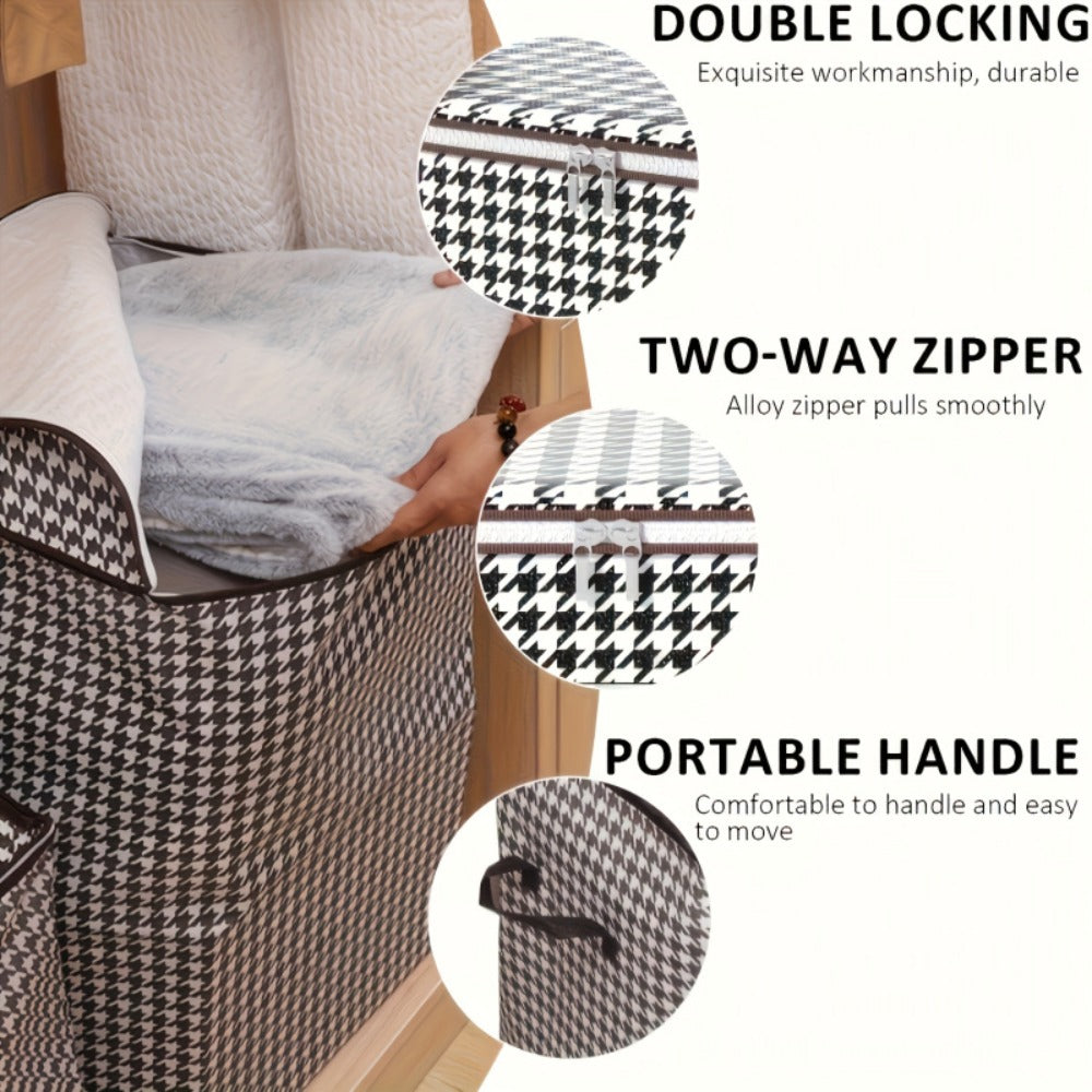 Four-Piece Houndstooth Fabric Storage Box Set with Handles, Double Zippers and Black-and-White Pattern