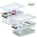 Two Clear Storage Boxes with Removable Divided Trays, Snap Lids, Black Carry Handles and Lower Compartments