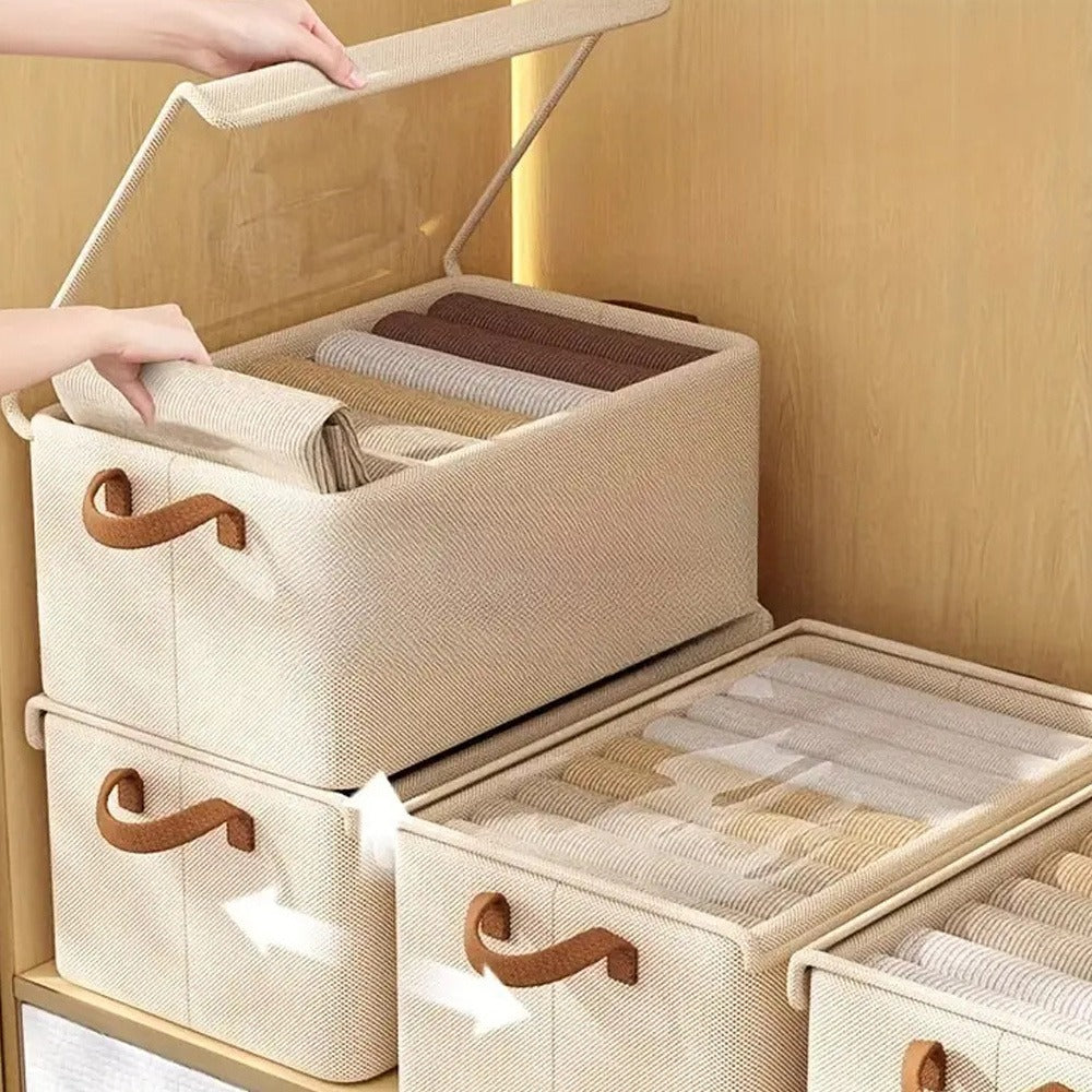 Six-Pack Foldable Fabric Storage Boxes with Clear Lids, Handles and Green, Beige or Gray Color Options