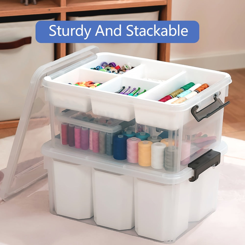 Two Clear Storage Boxes with Removable Divided Trays, Snap Lids, Black Carry Handles and Lower Compartments