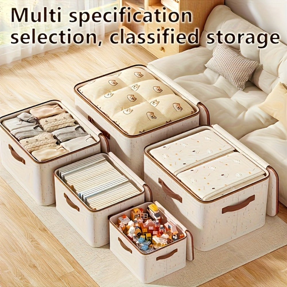 Foldable Storage Boxes with Lids 2-Pack, Large Linen Storage Baskets with Double Zippers & Leather Handles