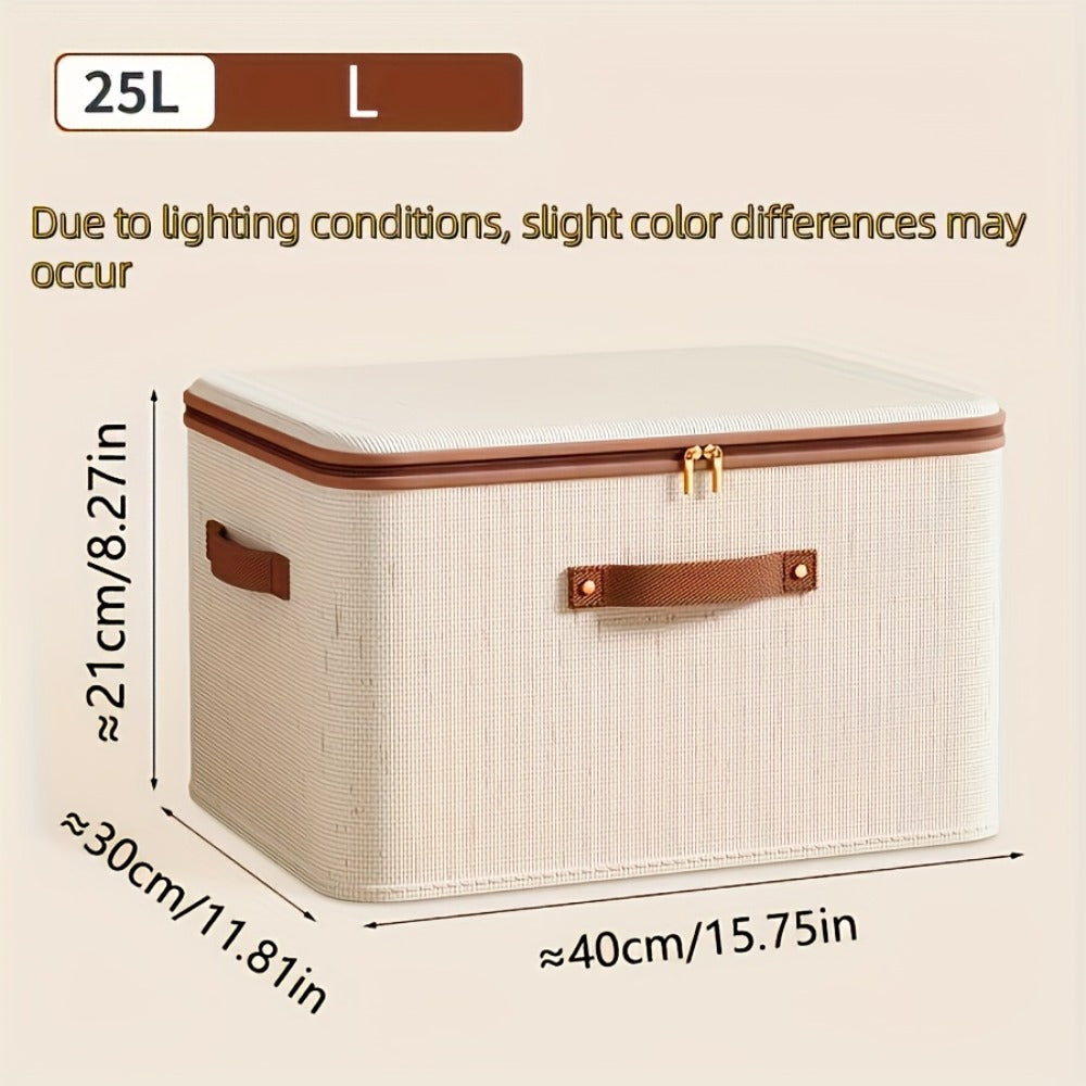 Foldable Storage Boxes with Lids 2-Pack, Large Linen Storage Baskets with Double Zippers & Leather Handles
