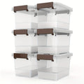 Six-Pack 3.5-Quart Clear Storage Bin Set with Brown Latches, Lid Handles and Stackable Shape