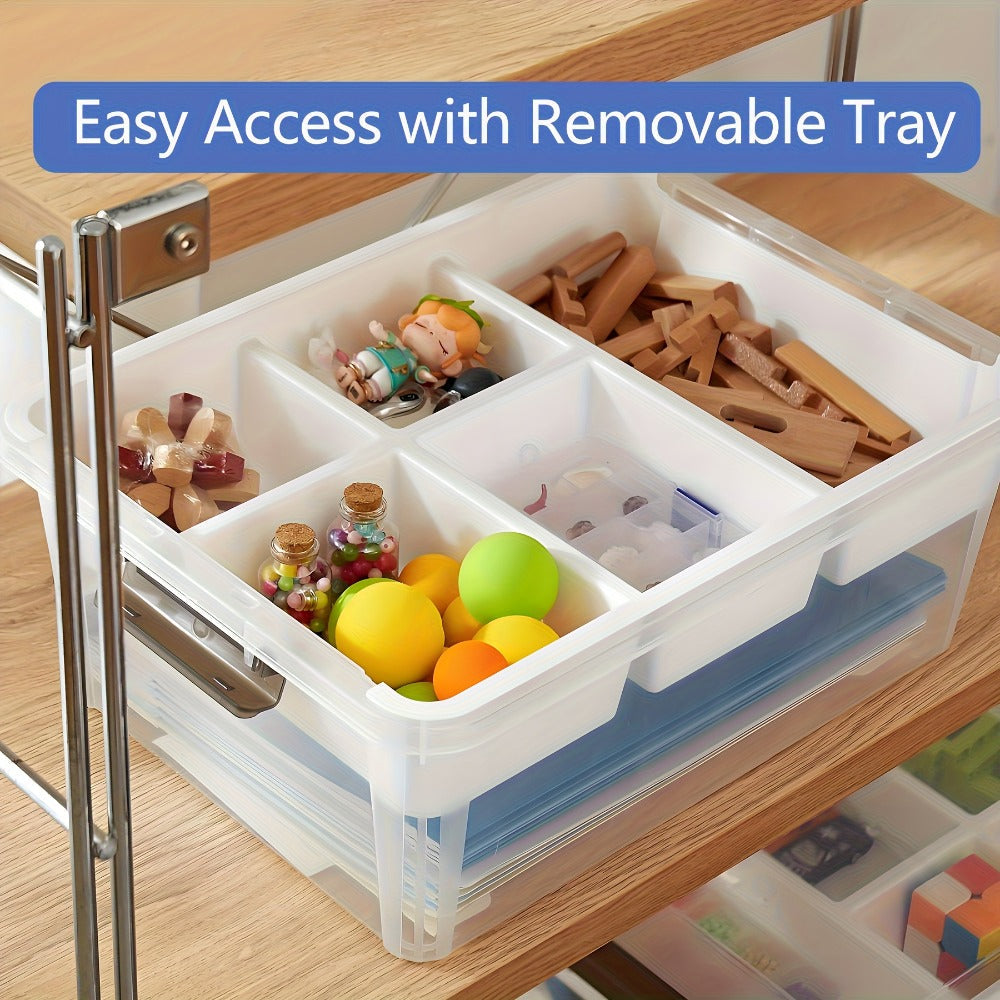 Two Clear Storage Boxes with Removable Divided Trays, Snap Lids, Black Carry Handles and Lower Compartments