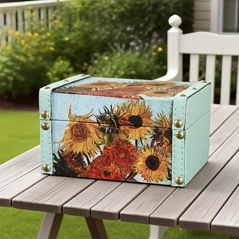 Wooden Storage Box with Lid Vintage Floral Design, Dust-Proof Decorative Trinket Box for Tabletop Jewelry Keepsake Organization