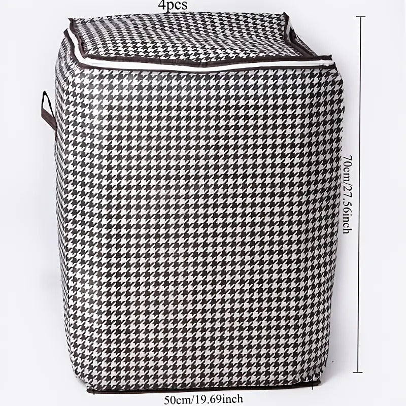 Four-Piece Houndstooth Fabric Storage Box Set with Handles, Double Zippers and Black-and-White Pattern