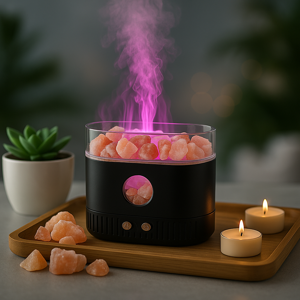 Himalayan Salt On Top Lamp Flame Ultrasonic Humidifying Essential Oil Diffuser – 200ml, 8-Hour Runtime, 10 LED Modes