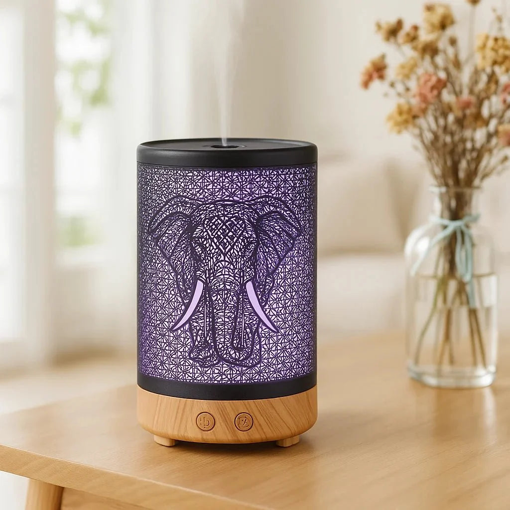 Elephant Metal Ultrasonic Humidifying Essential Oil Diffuser – 100ml, Safari Shadow Patterns, 7 LED Colors