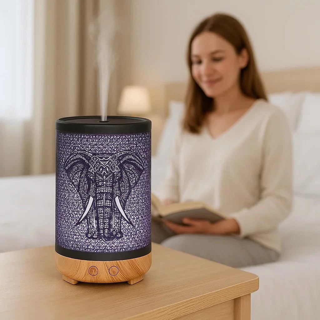 Elephant Metal Ultrasonic Humidifying Essential Oil Diffuser – 100ml, Safari Shadow Patterns, 7 LED Colors