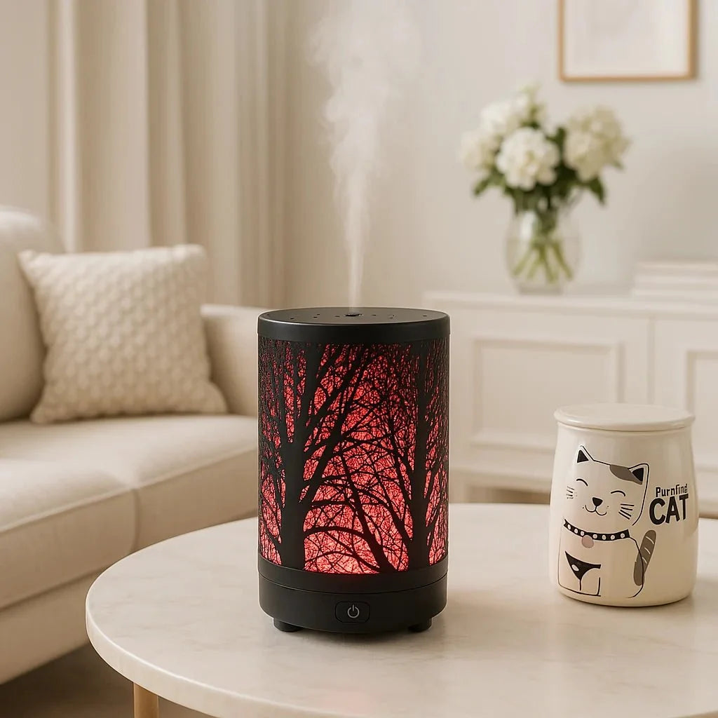 Forest Metal Ultrasonic Humidifying Essential Oil Diffuser – 100ml, Woodland Shadow Patterns, 7 LED Colors