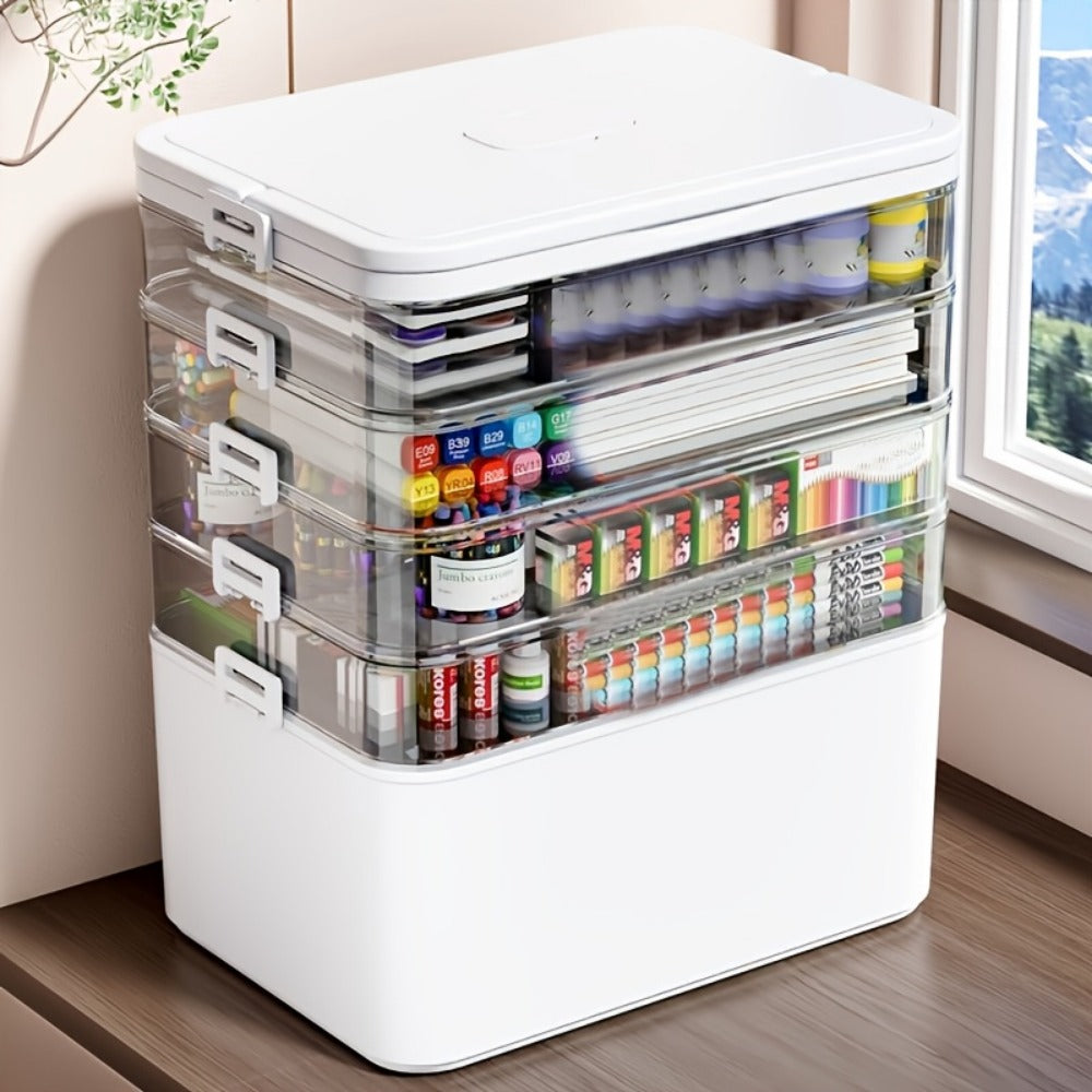 Three-Layer Clear Storage Box with Carry Handle, Lid Tray and 30 x 31 x 16.5cm Organizer Body