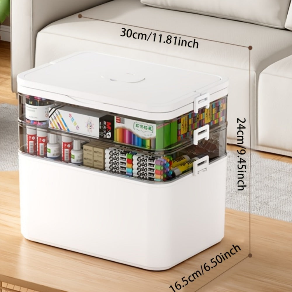Three-Layer Clear Storage Box with Carry Handle, Lid Tray and 30 x 31 x 16.5cm Organizer Body