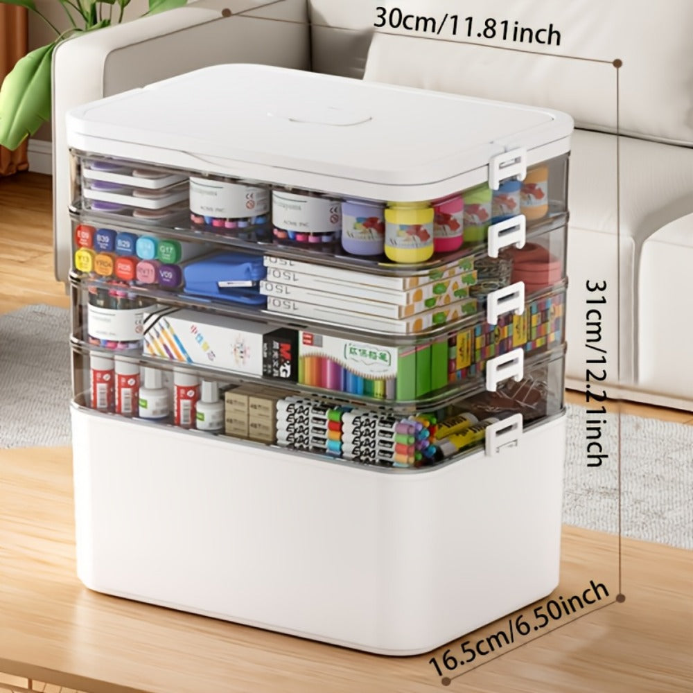 Three-Layer Clear Storage Box with Carry Handle, Lid Tray and 30 x 31 x 16.5cm Organizer Body