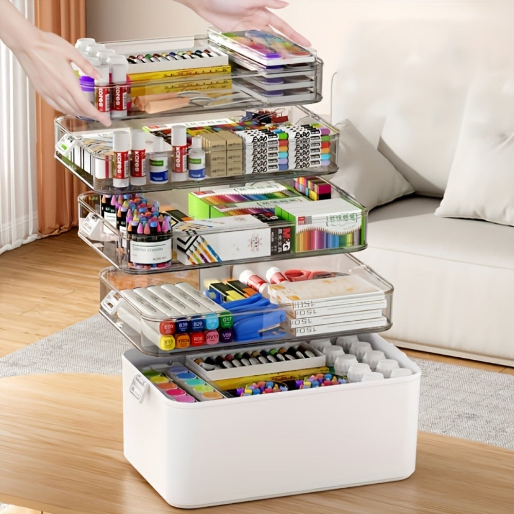 Three-Layer Clear Storage Box with Carry Handle, Lid Tray and 30 x 31 x 16.5cm Organizer Body