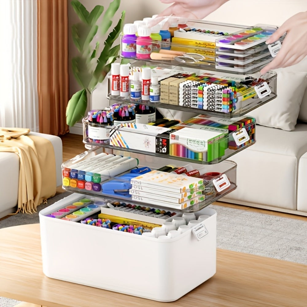 Three-Layer Clear Storage Box with Carry Handle, Lid Tray and 30 x 31 x 16.5cm Organizer Body