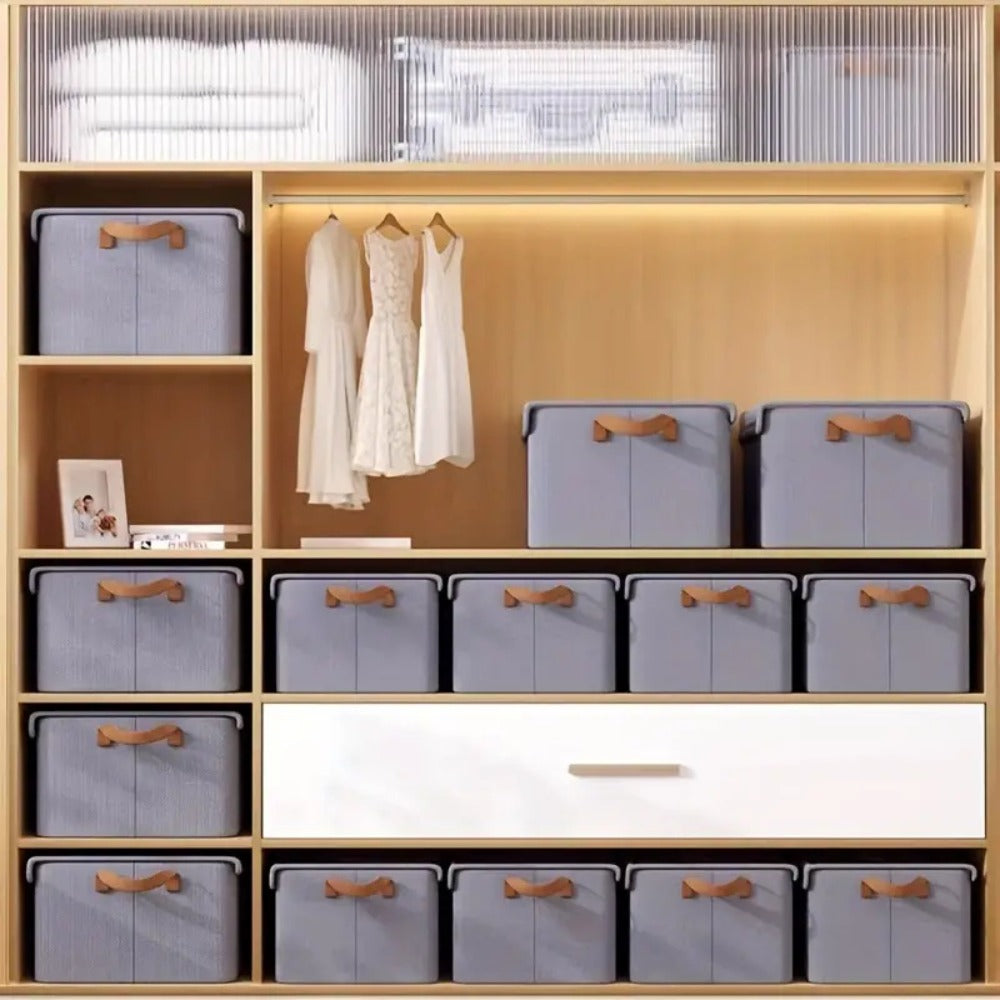 Six-Pack Foldable Fabric Storage Boxes with Clear Lids, Handles and Green, Beige or Gray Color Options