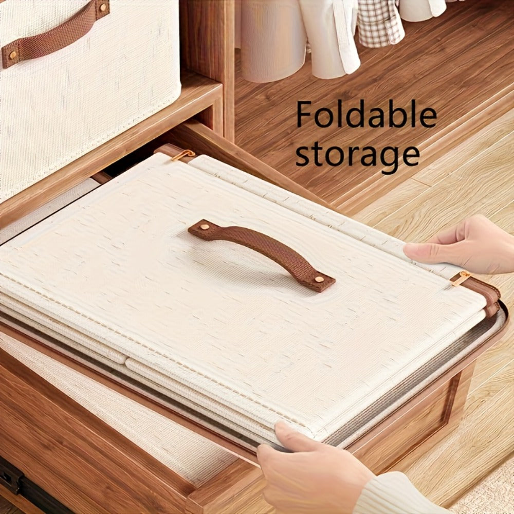 Foldable Storage Boxes with Lids 2-Pack, Large Linen Storage Baskets with Double Zippers & Leather Handles
