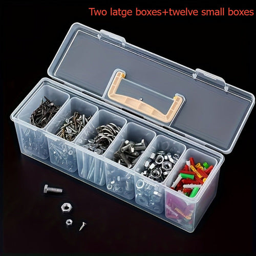 14-Piece Clear Parts Storage Organizer Set with Two Large Handled Boxes and 12 Small Divider Boxes