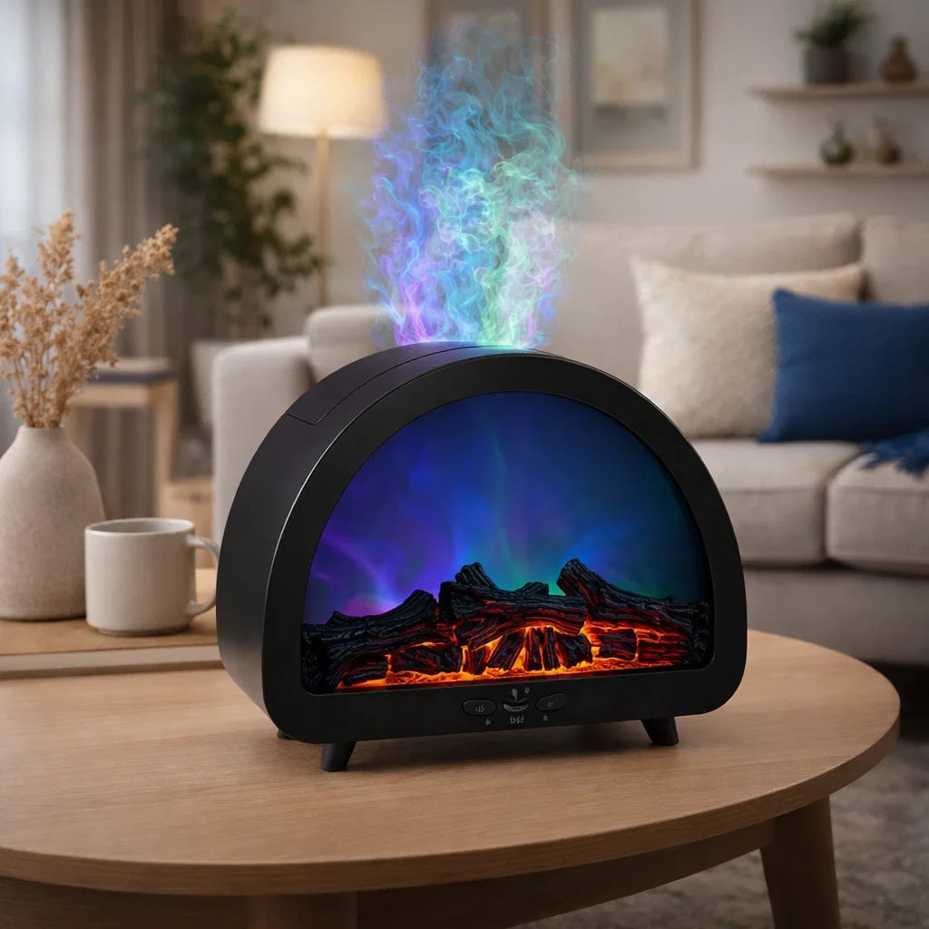Fireplace Aurora Flame Ultrasonic Essential Oil Diffuser & Cool Mist Humidifier – LED Night Light, Auto Shut-Off & Whisper Quiet for Home & Office With Remote And Heavy Duty Power Adapter