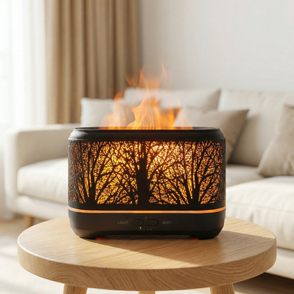 Forest Flame Ultrasonic Humidifying Essential Oil Diffuser – 200ml, Wood-Inspired Design, Under 35dB